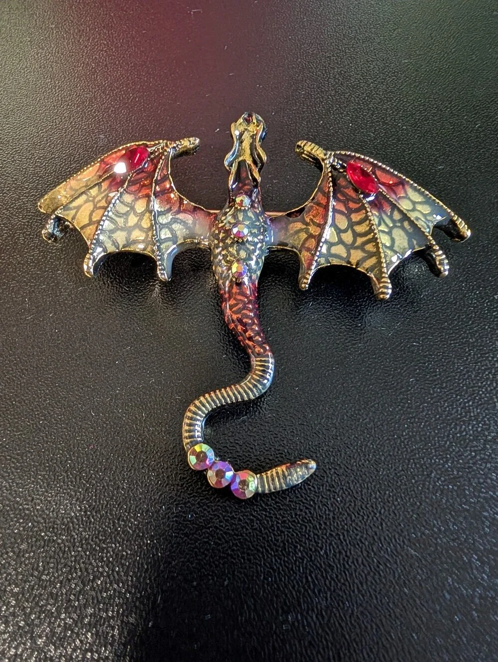Red Dragon Enamel Brooch with Red Crystal Accents - Picture 5 of 8